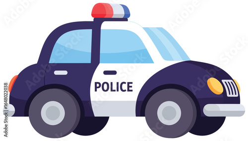 police car vector illustration of a modern patrol vehicle in flat style with black and white body roof siren and bold lettering created for law enforcement security and emergency response themed