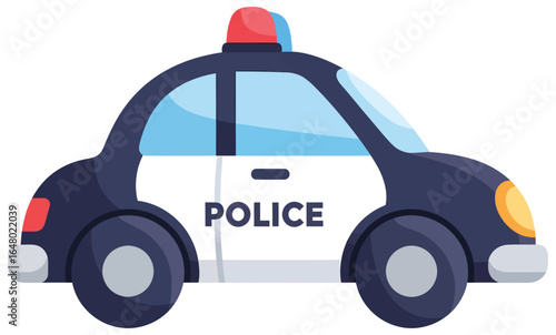 police car vector illustration of a modern law enforcement vehicle in flat style with black and white body and roof siren created for security safety