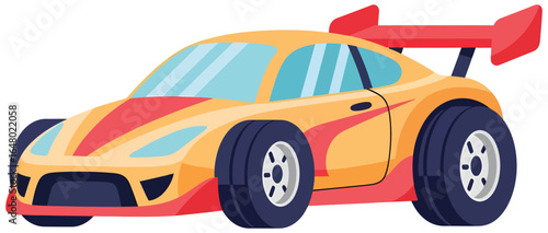 race car vector illustration of a modern sports vehicle in flat style with yellow and red body large spoiler and wide tires created for motorsport speed and competition themed creative design projects