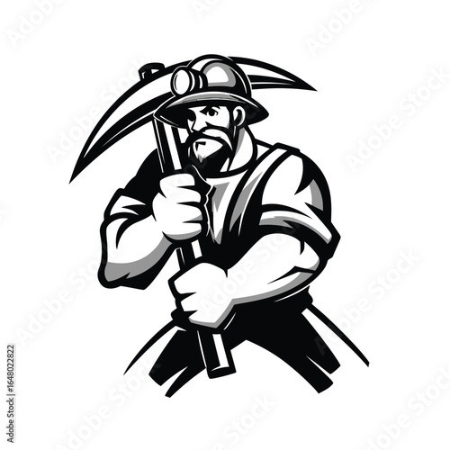 Bold illustration of a determined miner holding a pickaxe, symbolizing strength, endurance, and the spirit of hard labor and exploration.