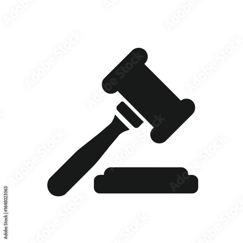 Simple black judge gavel icon. A flat vector graphic symbol representing law, justice, court decisions, and auction bidding.