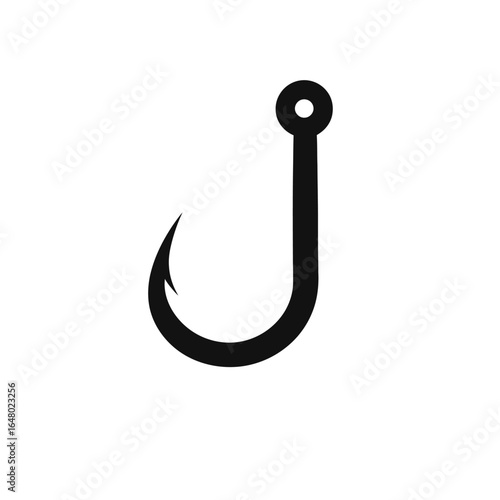 A simple black fishing hook isolated on a white background, symbolizing bait and angling