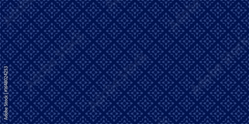 Subtle vector seamless pattern with ethnic motif. Modern geometric floral folk ornament. Simple abstract dark blue minimal background texture with grid, flower silhouettes. Repeated decorative design