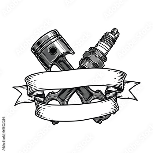 Monochrome automotive design featuring piston and spark plug emblem with a blank banner for customization and perfect for vintage vehicle enthusiasts and mechanic shops advertising
