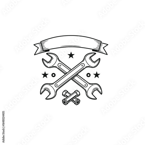 Hand drawn crossed wrenches with a blank ribbon and stars perfect for mechanic services logo or vintage repair shop emblem ideal for badges posters and designs