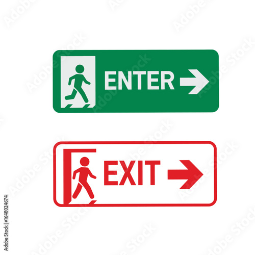 Enter and Exit Signage in Green and Red for Directional Guidance and Emergency Awareness Safety Pictogram with Arrow to Show the Way for Navigation and Emergency Procedures