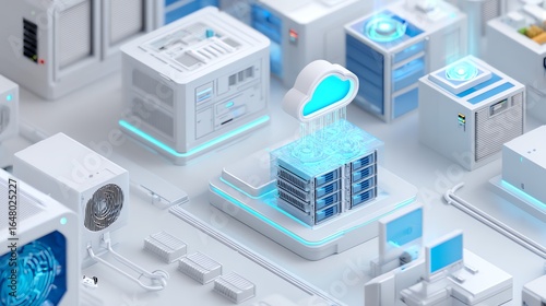 An isometric view showcases a futuristic data center infrastructure, highlighting the seamless integration of server racks and cloud computing technology, evoking a sense of digital connectivity.