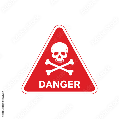 Warning sign depicting skull and crossbones on red triangle alerting to danger caution risk hazard and potential for serious injury or death isolated on white