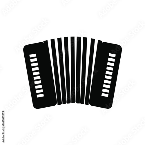 Simple black and white icon illustration of an accordion musical instrument