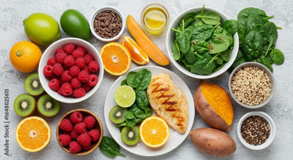 Fresh and Nutritious Ingredients with Grilled Chicken, Spinach, Quinoa, Sweet Potato, and Colorful Fruits for Healthy Eating Fresh and Nutritious Ingredients with Grilled Chicken, Spinach, Quinoa, Sweet Potato, and Colorful Fruits for Healthy Eating