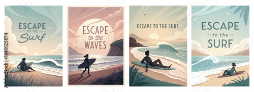 A tranquil beach scene featuring surfers enjoying the waves and the serene sunset in pastel tones.