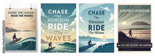 Inspirational surf-themed artwork showcasing a surfer against a scenic ocean backdrop at sunset.