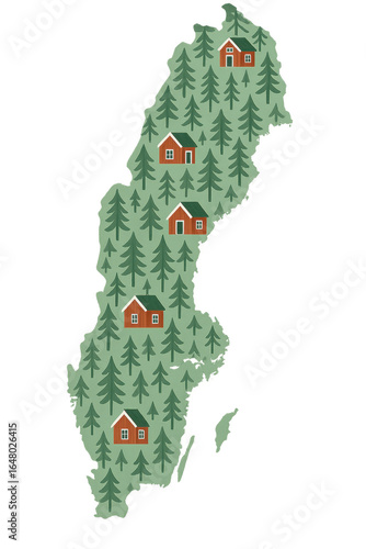 Sweden map with traditional wooden houses and pine trees on transparent background