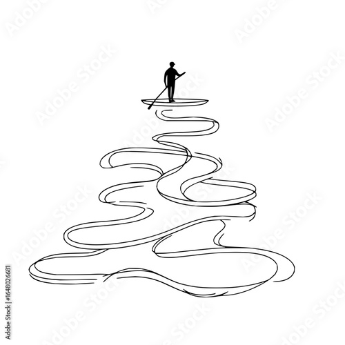Silhouette of a person paddleboarding on a winding ribbon like structure on a white background scene