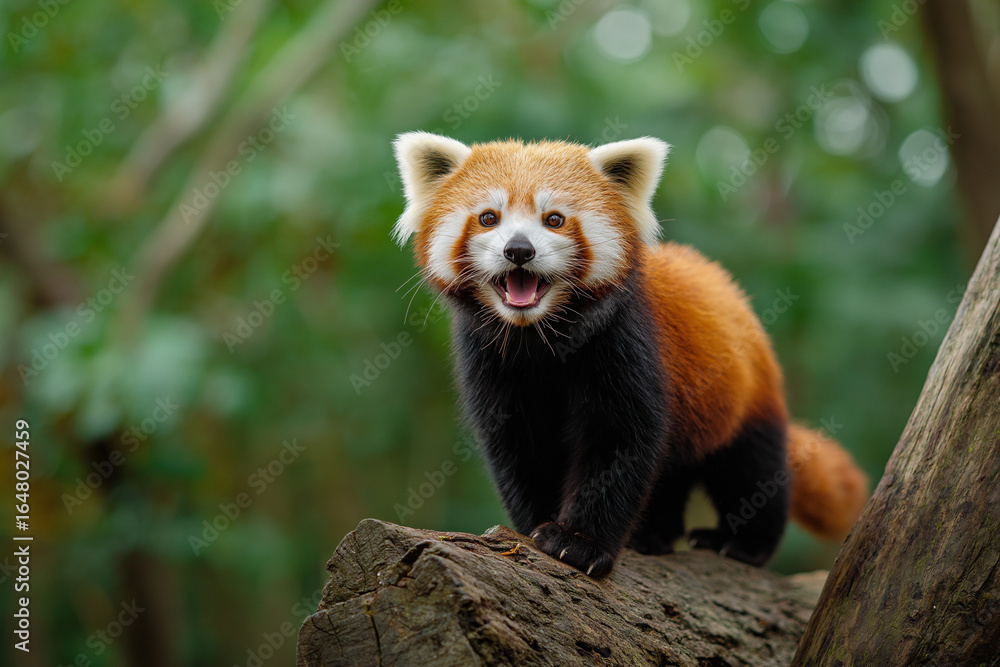 Obraz premium A red panda is standing on the edge of a tree trunk, looking at the camera with its mouth close, against a green background, 