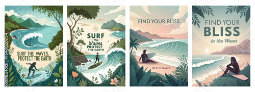 A serene collection of surfing illustrations promoting ocean conservation, suitable for all ages.