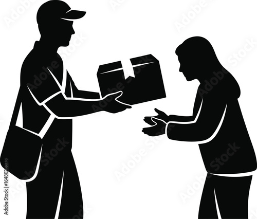 Vector art of delivery person handing a package to a recipient isolated on white background