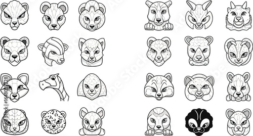 Collection of cartoon animal heads in black and white outline style for coloring or design use