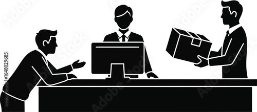 Vector art of business people at a service counter with a package isolated on white background
