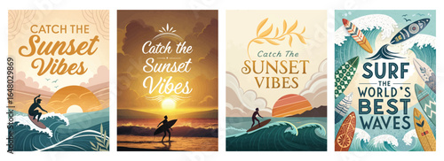 Four vibrant sunset-themed designs showcasing surfing and beach vibes.