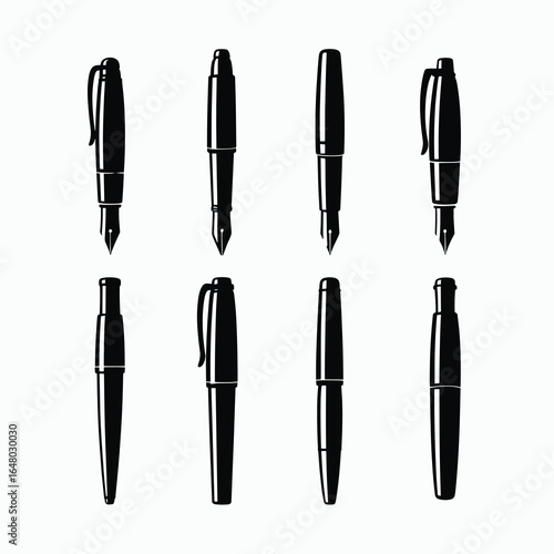six unique black silhouette fountain pens, each in different design and pose