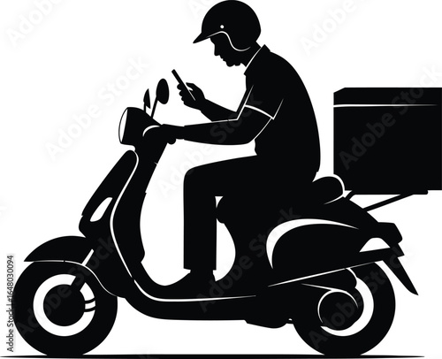 Vector art of delivery man on scooter with box and phone isolated on white background