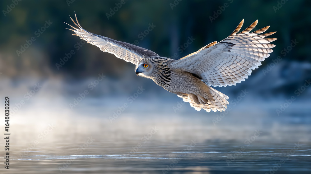 Obraz premium Realistic photograph of Blakiston's fish owl flying low over misty water