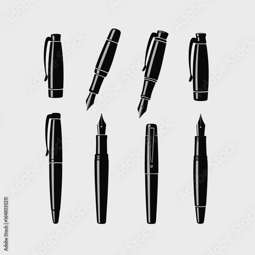 six unique black silhouette fountain pens, each in different design and pose