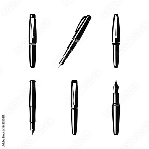 six unique black silhouette fountain pens, each in different design and pose