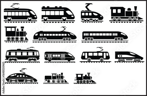 Train Silhouettes Vector Collection - Railway Transportation Icons Set Locomotive Subway Tram Black Design Pack