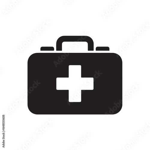 Black first aid kit icon with white cross medical health