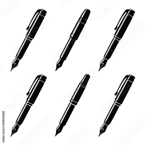 six unique black silhouette fountain pens, each in different design and pose