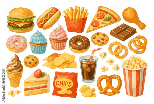 Colorful junk food illustration with burger, hot dog, fries, pizza, donuts, cupcakes, ice cream, chocolate, cookies, chips, soda, popcorn, and pretzel.