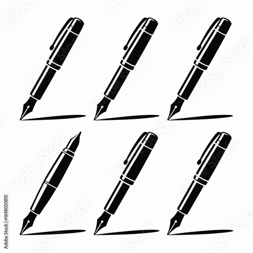 six unique black silhouette fountain pens, each in different design and pose