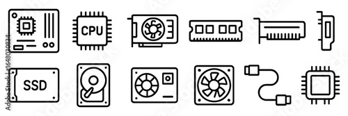 Computer hardware icons set with motherboard, CPU, GPU, RAM, SSD, HDD, fans, cable, and microchip in simple black outline style.