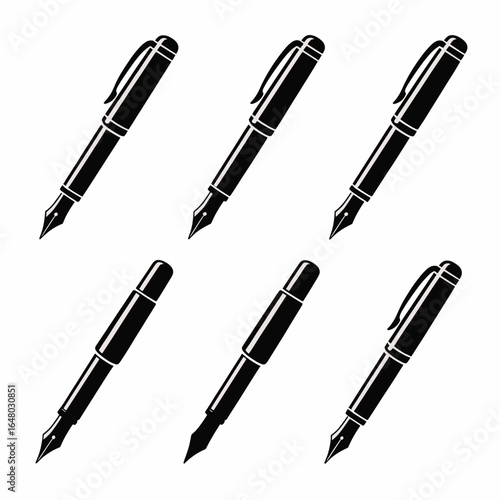 six unique black silhouette fountain pens, each in different design and pose