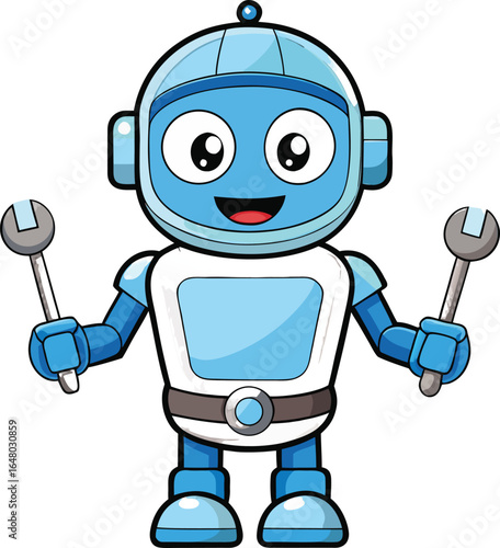 A cheerful friendly cartoon robot character design with a rounded body and expressive features perfect for technology and futuristic themes