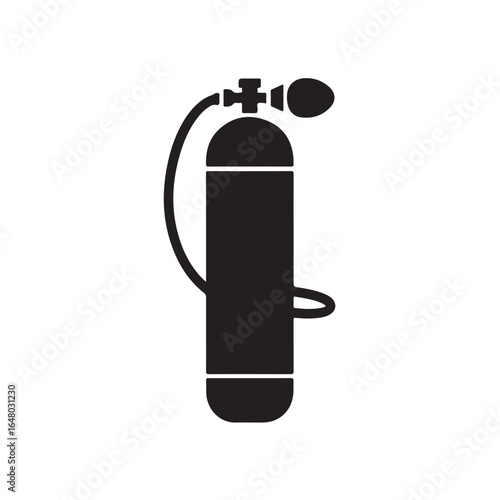 Black silhouette of scuba diving oxygen tank with hose cylinder