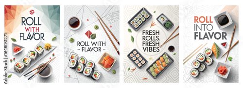Sushi assortment featuring various rolls, sauces, and chopsticks, showcasing vibrant colors and fresh ingredients.
