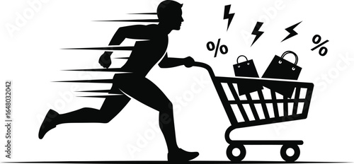Vector art of man rushing with shopping cart full of bags and percentage signs