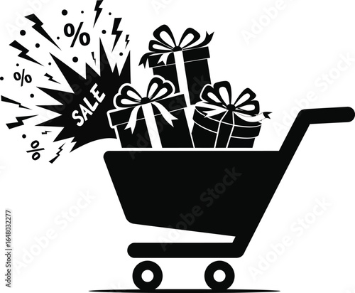 Vector art of shopping cart full of gifts with sale and discount symbols isolated on white background