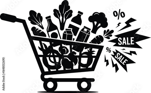 Vector art of shopping cart full of groceries with sale and discount symbols isolated on white background