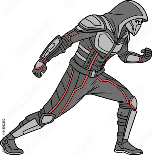 Ultra realistic cybernetic assassin with intricate mechanical details and a futuristic aesthetic rendered in a symmetrical composition with vibrant and contrasting colors