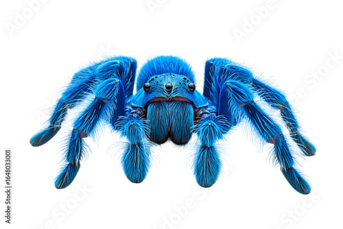 A vibrant blue spider with fluffy textures, showcasing its intricate features and striking color against a dark background.