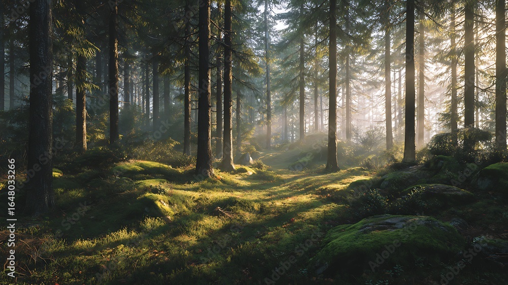 Obraz premium Serene woodland scene bathed in golden light HD photos