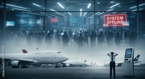 Airline crisis grounded planes and digital chaos at a major international airport due to a massive cyberattack on flight management systems. Cinematic shallow depth of field. stock