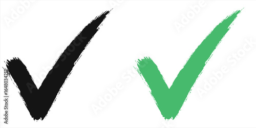 Black and green brush check mark icons – hand-painted tick symbols for approval, confirmation, success, correct answer, and validation in bold artistic style for design and web projects