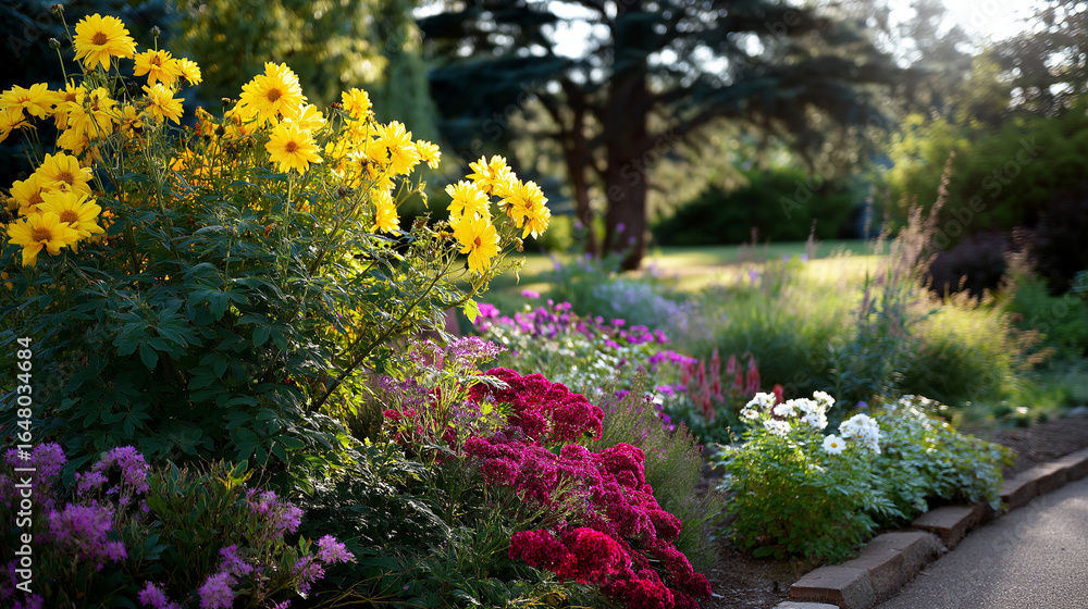 Obraz premium A vibrant garden filled with colorful blooms and gentle light