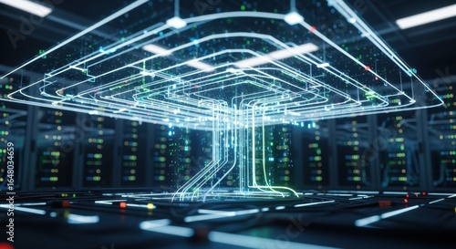 A dramatic cinematic illustration of a mysterious labyrinthine network within a futuristic data center symbolizing the complexity and intrigue of modern cloudnative infrastructure