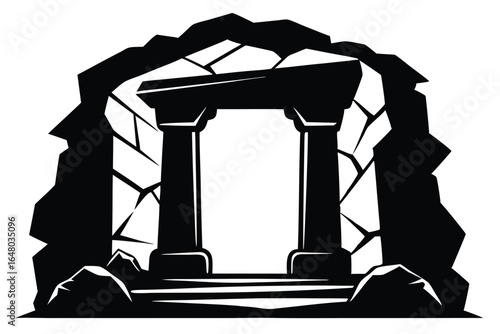 Stylized Black and White Illustration of Ancient Stone Ruins with Columns and Entrance
